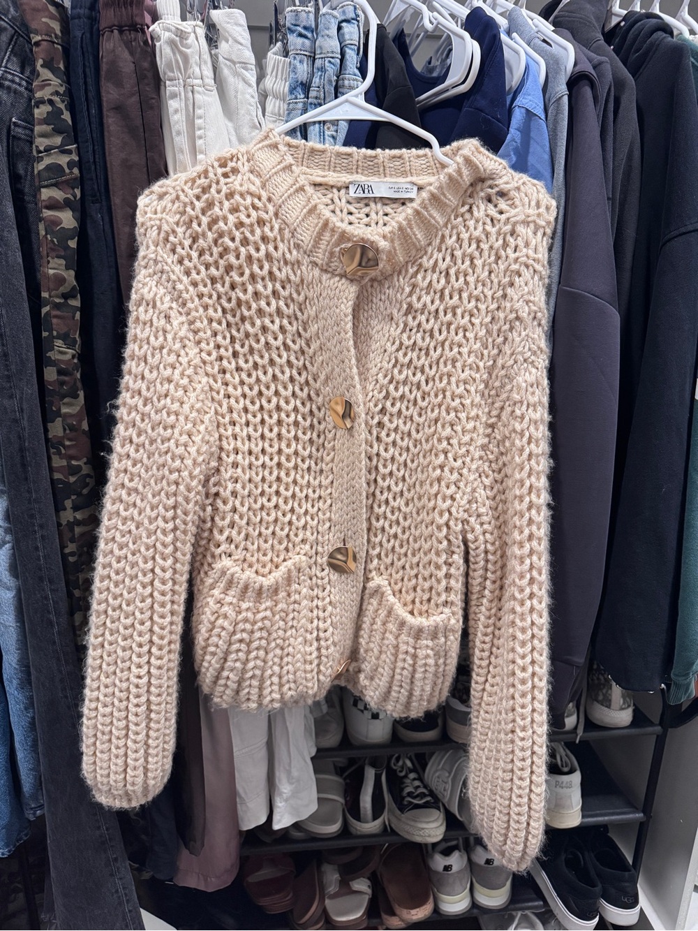 Zara Beige Chunky Knit Button-Up Cardigan